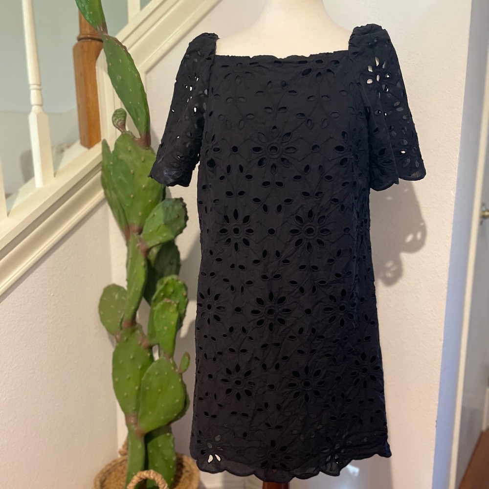 Ann Taylor 12 black eyelet midi dress with scalloped semi-puff sleeves